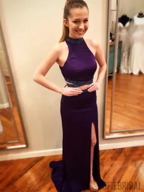 2 Pieces Beaded Purple Side Slit Prom Dresses, Sheath Long Prom Dresses, PD0708 2 Pieces Beaded Purple Side Slit Prom Dresses, Sheath Long Prom Dresses, PD0708