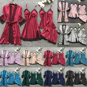 4 Pieces Women Pajamas Sets Satin Sleepwear Silk Nightwear Pyjama Soild Strap Lace Sleep Lounge Pijama With Chest Pads 4 Pieces Women Pajamas Sets Satin Sleepwear Silk Nightwear Pyjama Soild Strap Lace Sleep Lounge Pijama With Chest Pads