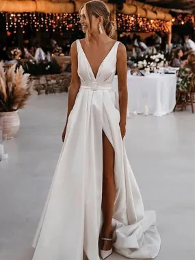 A-line Deep V-neck Open Back High Slit White Long Wedding dress, WD0430 A-line Deep V-neck Open Back High Slit White Long Wedding dress, WD0430
