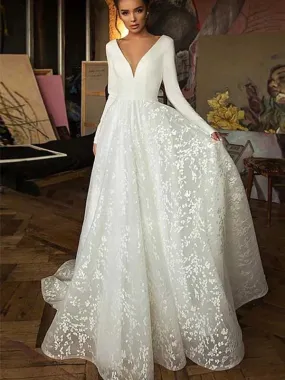 A-Line Elegant Long Sleeves V-Neck Beach Wedding Dress, WD0503 A-Line Elegant Long Sleeves V-Neck Beach Wedding Dress, WD0503