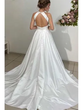 A-line Halter Neckline Backless Long Satin With Beading Belt Wedding Dress, WD0502 A-line Halter Neckline Backless Long Satin With Beading Belt Wedding Dress, WD0502