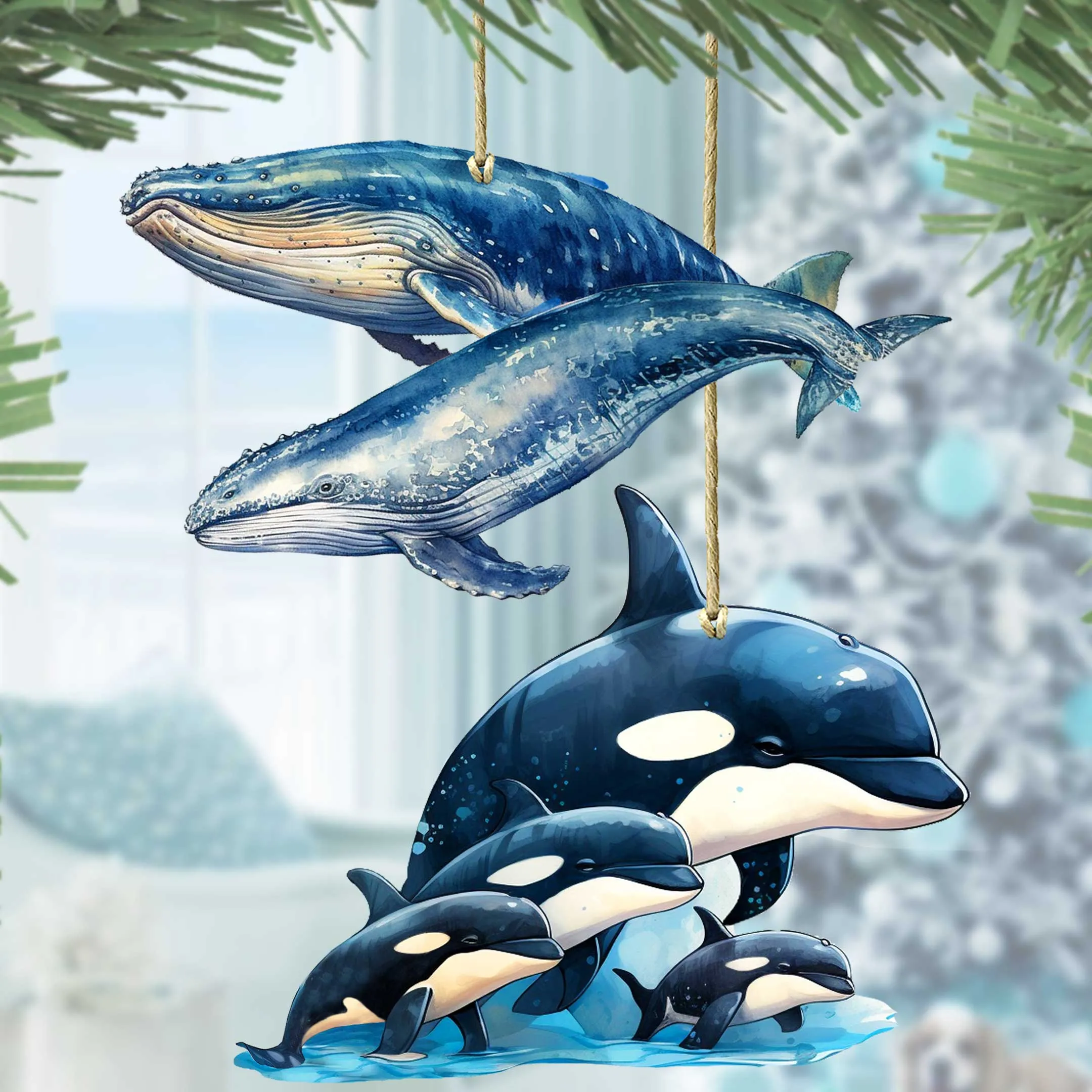 Alaskan Whale and Orca Wooden Ornaments Set of 2 by G. Debrekht - Wildlife Holiday Décor - 8091323S5