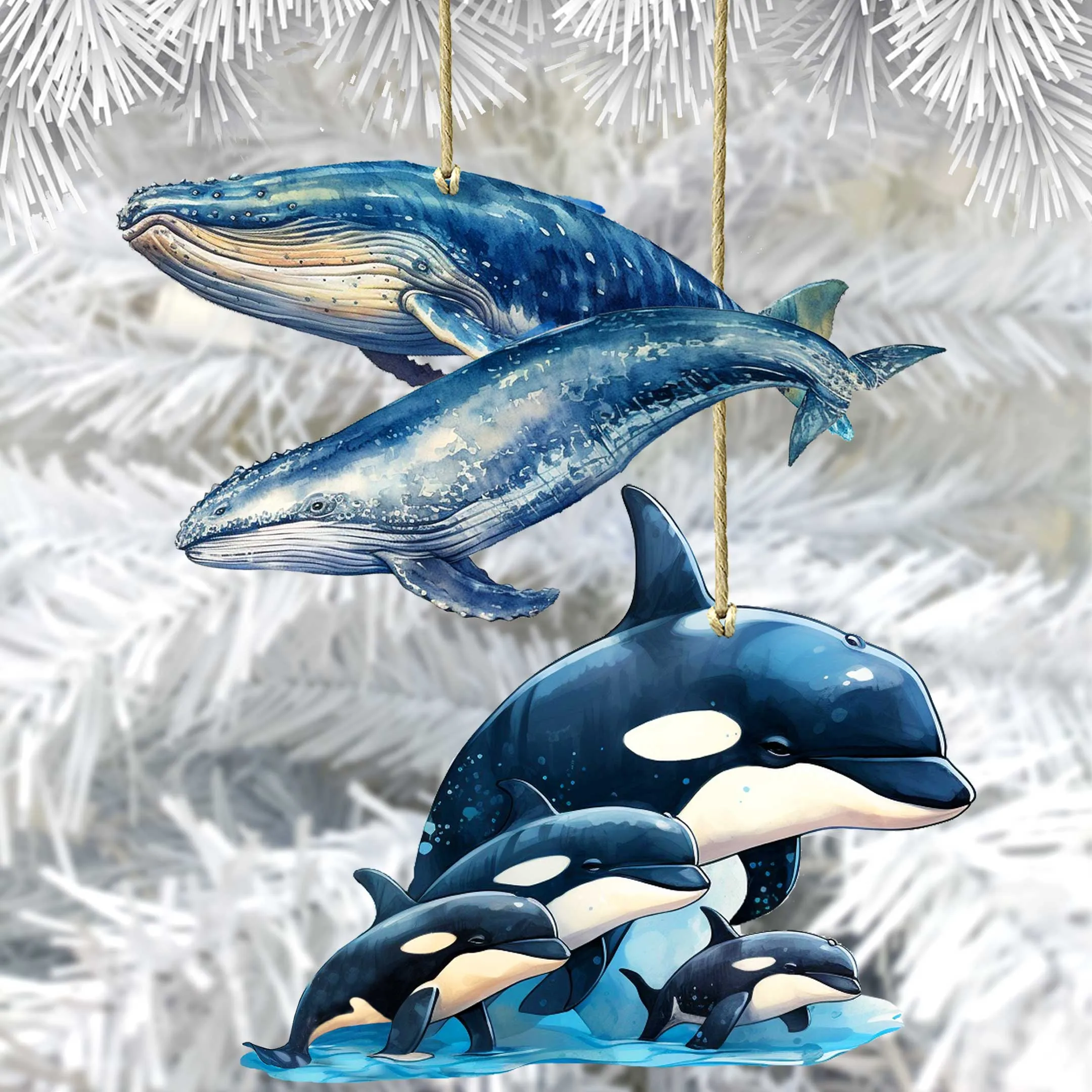 Alaskan Whale and Orca Wooden Ornaments Set of 2 by G. Debrekht - Wildlife Holiday Décor - 8091323S5