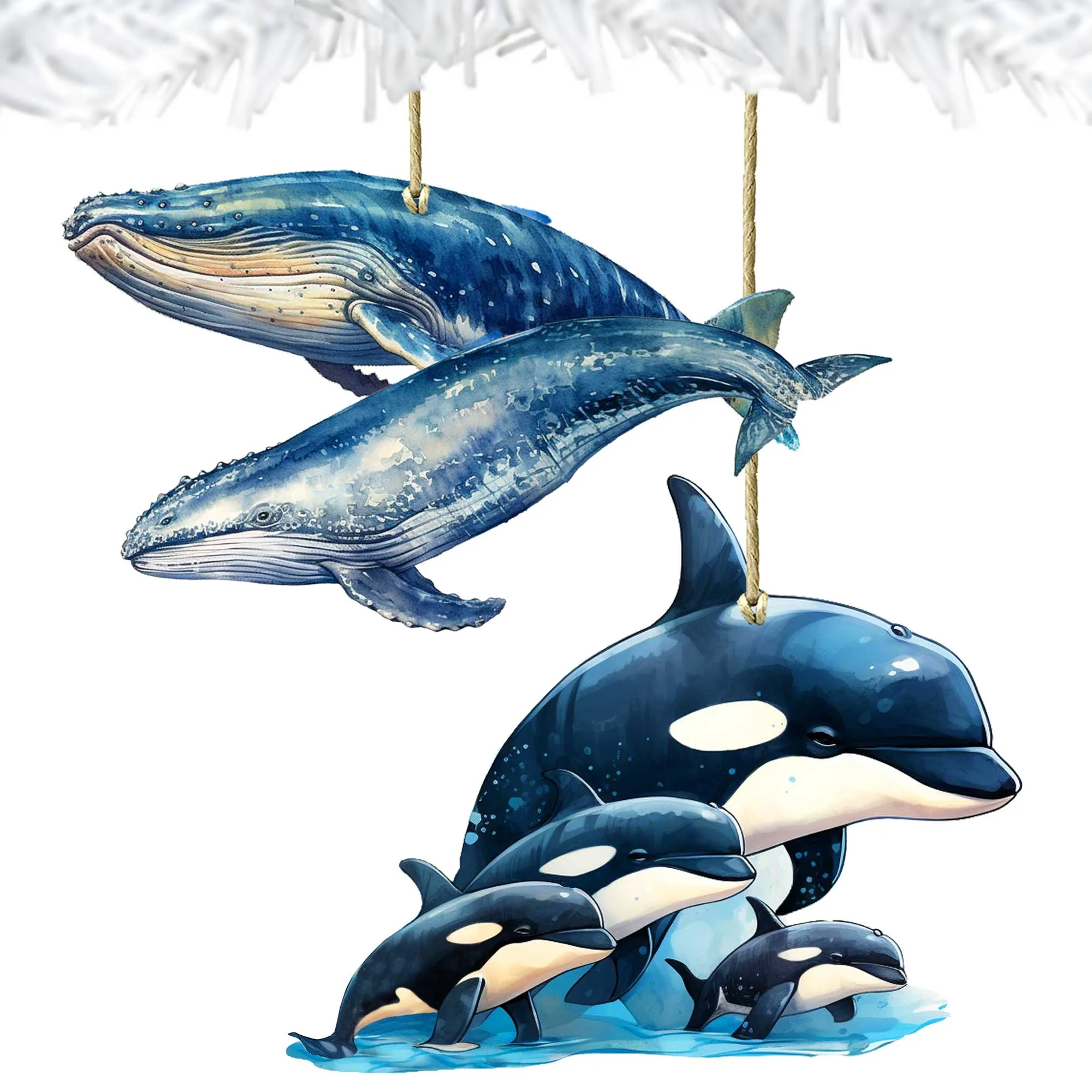 Alaskan Whale and Orca Wooden Ornaments Set of 2 by G. Debrekht - Wildlife Holiday Décor - 8091323S5