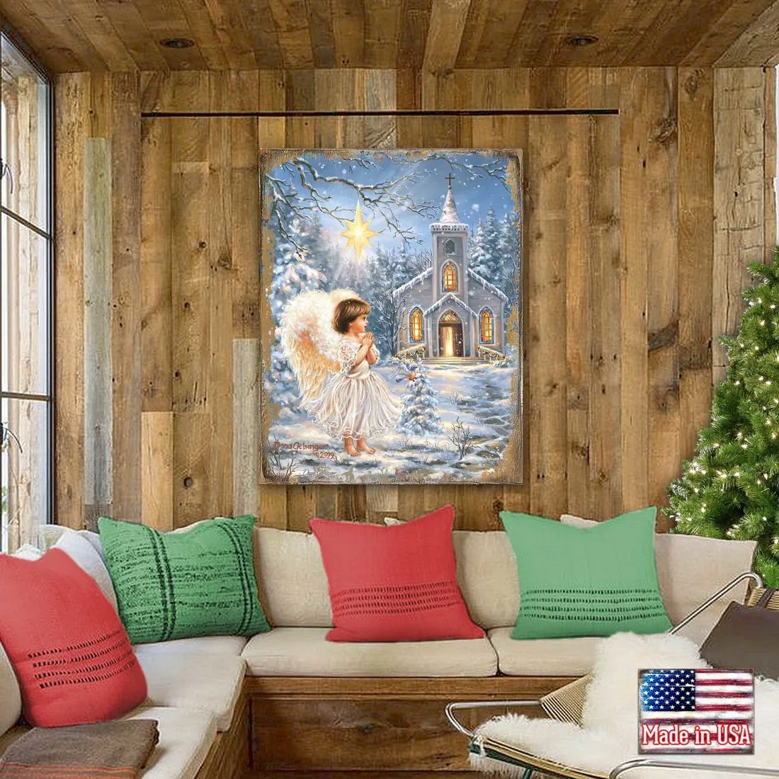 Angel at the Chapel Art Wooden Wall Art by D. Gelsinger - Nativity Holiday Décor - 95659B-1606