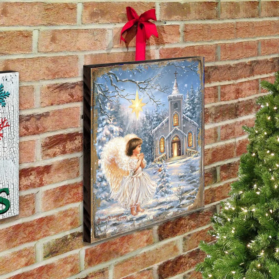 Angel at the Chapel Art Wooden Wall Art by D. Gelsinger - Nativity Holiday Décor - 95659B-1606