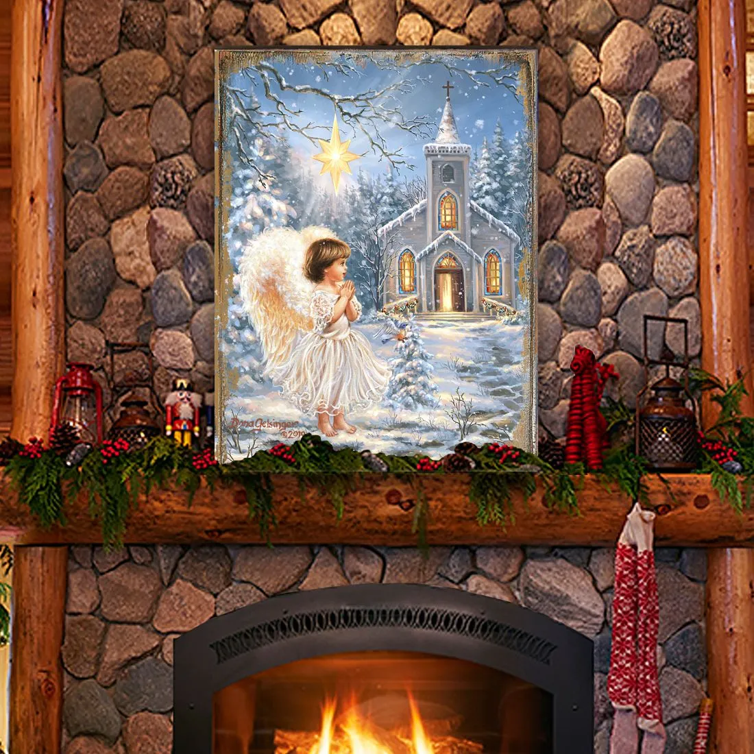 Angel at the Chapel Art Wooden Wall Art by D. Gelsinger - Nativity Holiday Décor - 95659B-1606