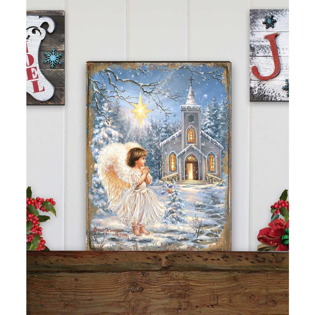 Angel at the Chapel Art Wooden Wall Art by D. Gelsinger - Nativity Holiday Décor - 95659B-1606