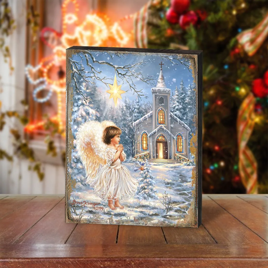 Angel at the Chapel Art Wooden Wall Art by D. Gelsinger - Nativity Holiday Décor - 95659B-1606