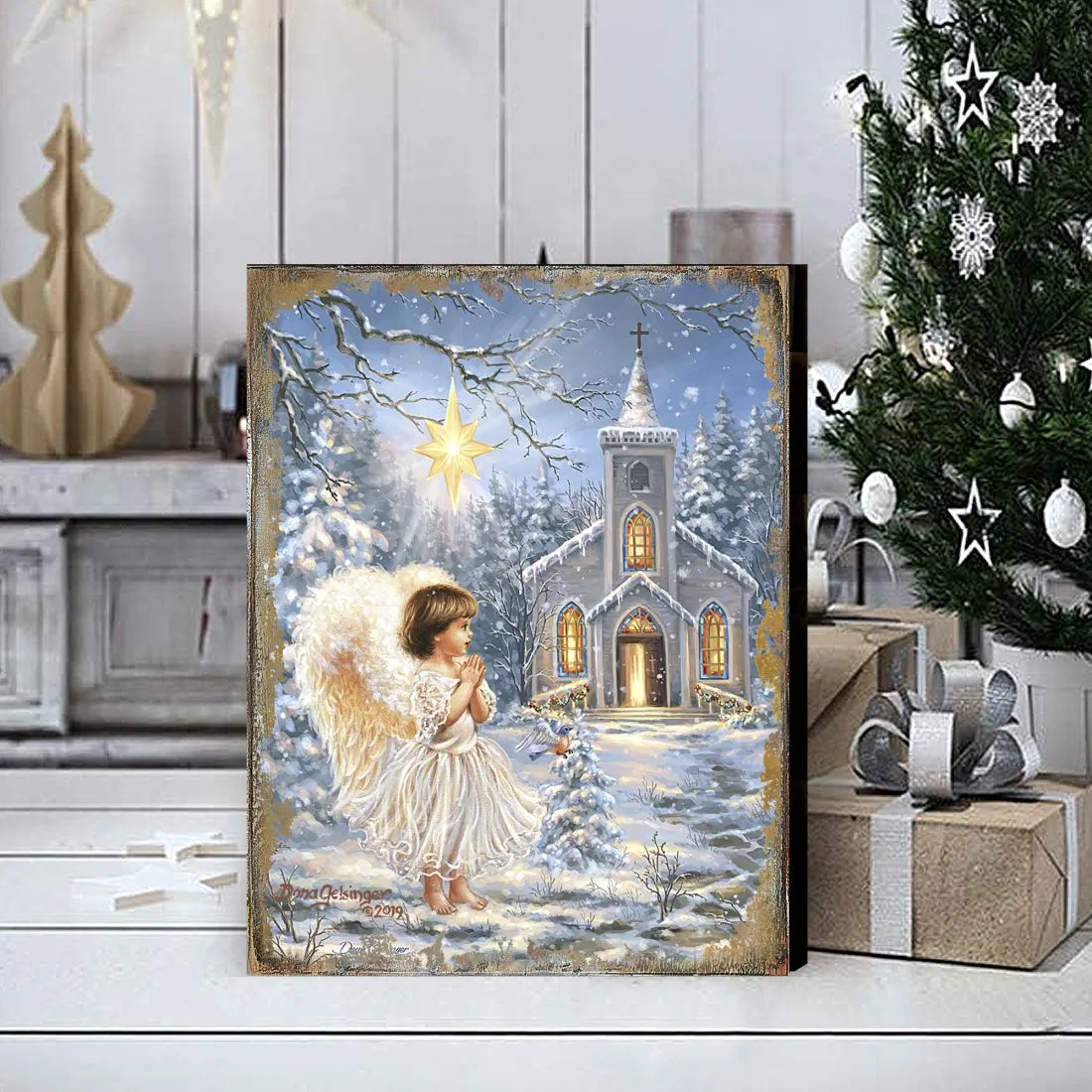 Angel at the Chapel Art Wooden Wall Art by D. Gelsinger - Nativity Holiday Décor - 95659B-1606