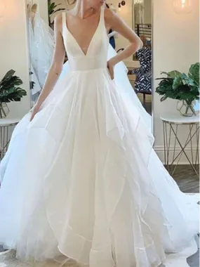 Beautiful Deep V-neck Sleeveless Tulle Wedding Dress with Ruffles, WD0494 Beautiful Deep V-neck Sleeveless Tulle Wedding Dress with Ruffles, WD0494