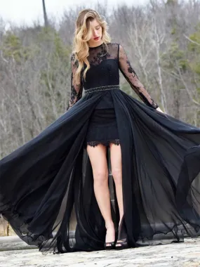 Black Lace Long Sleeve Beaded Sash Sheath Tight Prom Dresses,PD00083 Black Lace Long Sleeve Beaded Sash Sheath Tight Prom Dresses,PD00083