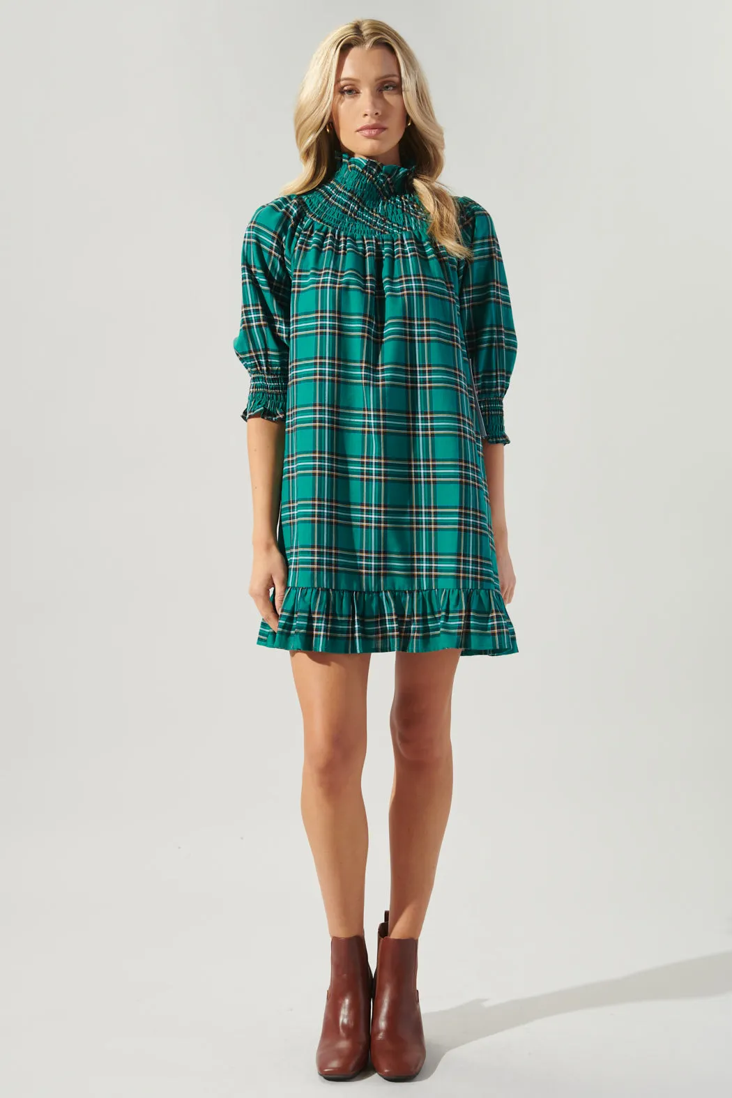 Boswell Tartan Plaid Smocked Yoke Mini Dress