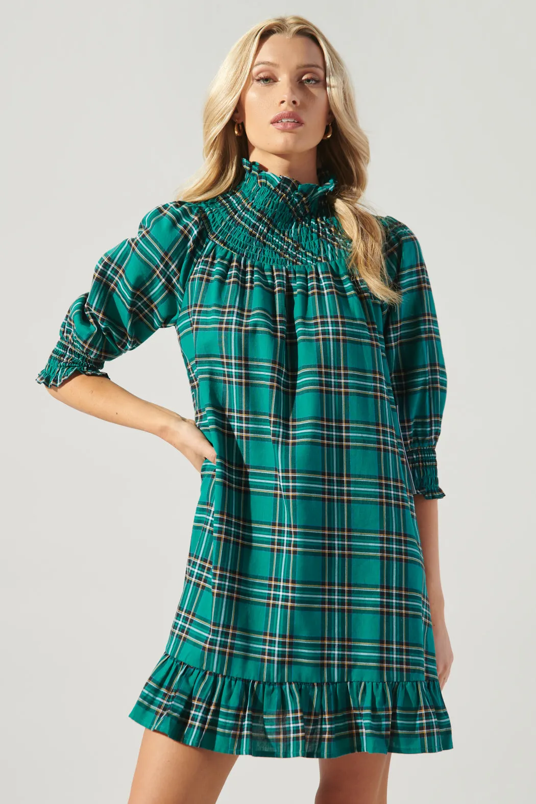 Boswell Tartan Plaid Smocked Yoke Mini Dress