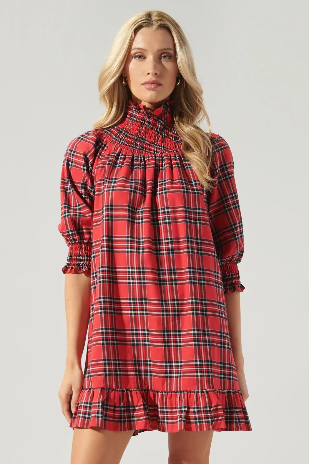 Boswell Tartan Plaid Smocked Yoke Mini Dress