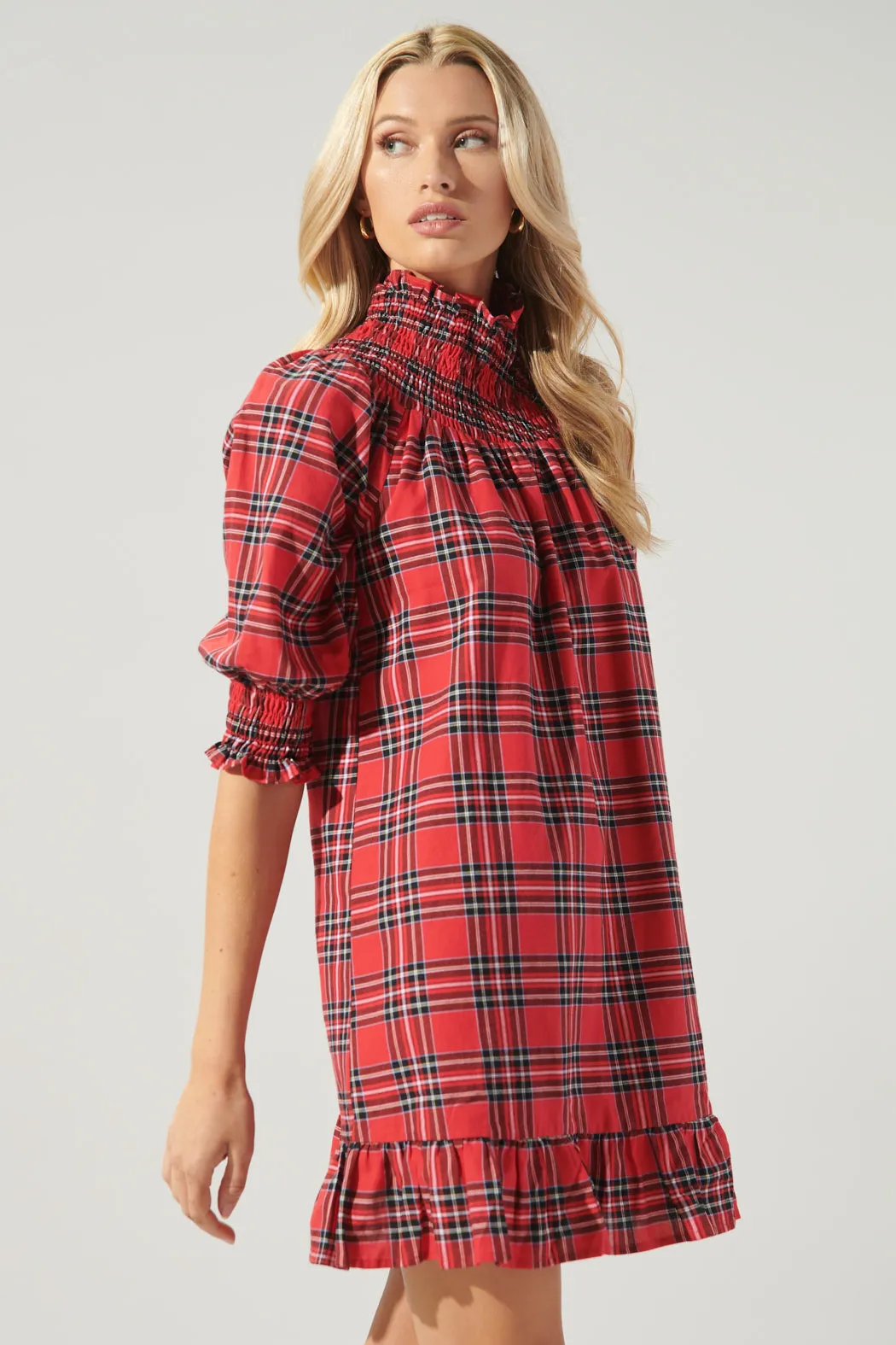 Boswell Tartan Plaid Smocked Yoke Mini Dress
