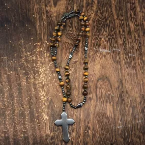 Budded Cross Stone Bead Biker Rosary Necklace Budded Cross Stone Bead Biker Rosary Necklace
