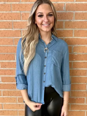 Chambray Rolled Tab Sleeve Top Chambray Rolled Tab Sleeve Top