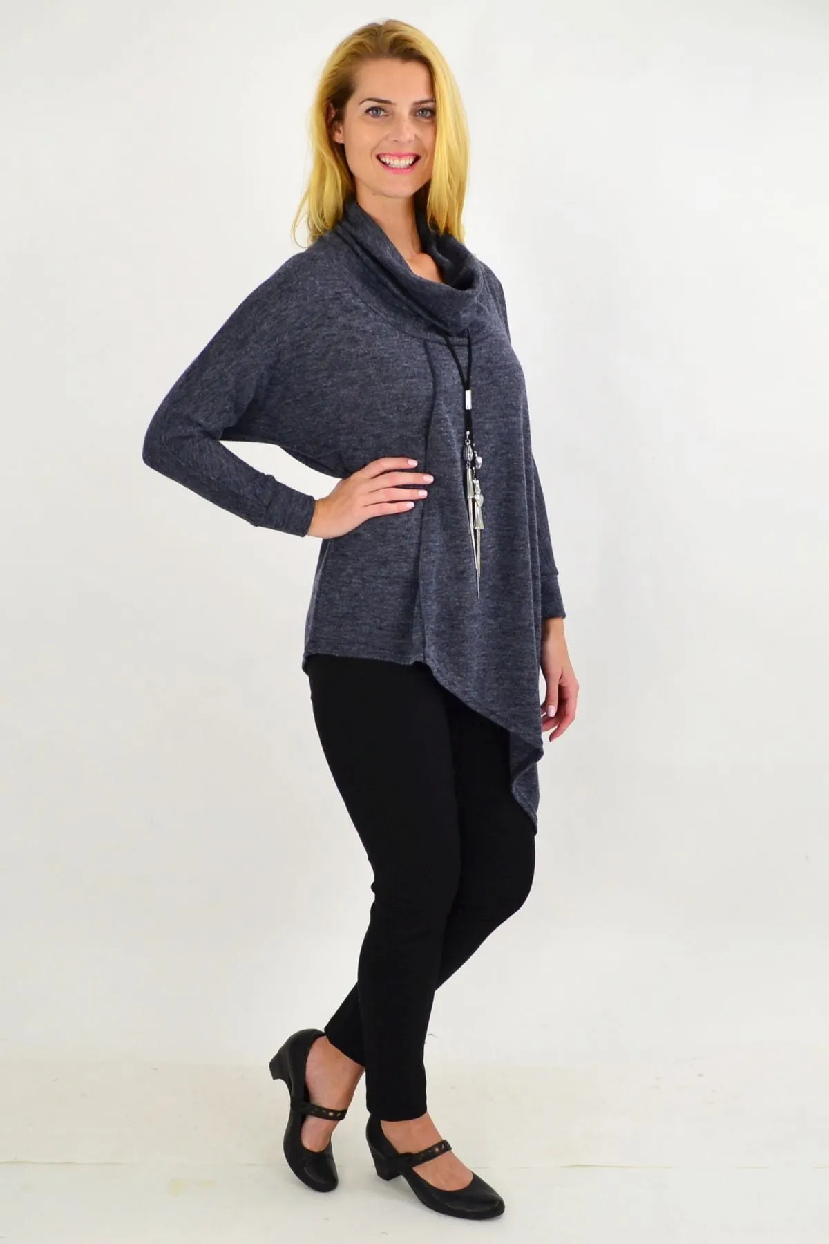 Charcoal Grey Asymmetrical Rolled Neck Jumper