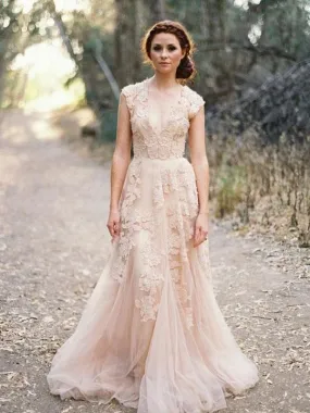 Charming Pink Lace Sexy V-neck Long Sheath Tulle Wedding Party Dresses Online, TYP1177 Charming Pink Lace Sexy V-neck Long Sheath Tulle Wedding Party Dresses Online, TYP1177