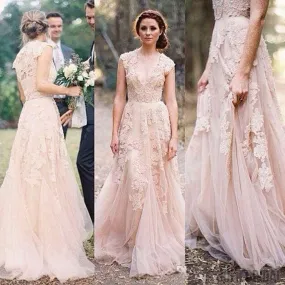 Charming Pink Lace Sexy V-neck Long Sheath Tulle Wedding Party Dresses, WD0139 Charming Pink Lace Sexy V-neck Long Sheath Tulle Wedding Party Dresses, WD0139