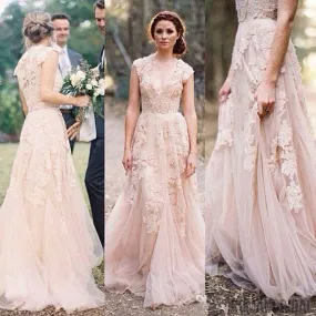 Charming Pink Lace Sexy V-neck Long Sheath Tulle Wedding Party Dresses, WD0139 Charming Pink Lace Sexy V-neck Long Sheath Tulle Wedding Party Dresses, WD0139