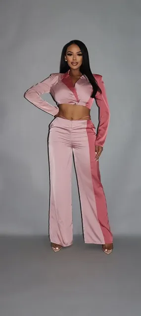 Colorblock Crop Blazer With Matching Low Rise Wide Leg Pant Set With Pockets Colorblock Crop Blazer With Matching Low Rise Wide Leg Pant Set With Pockets