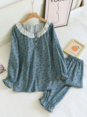 Cotton Lace Gauze Long Sleeve Pants Pajama Set Cotton Lace Gauze Long Sleeve Pants Pajama Set