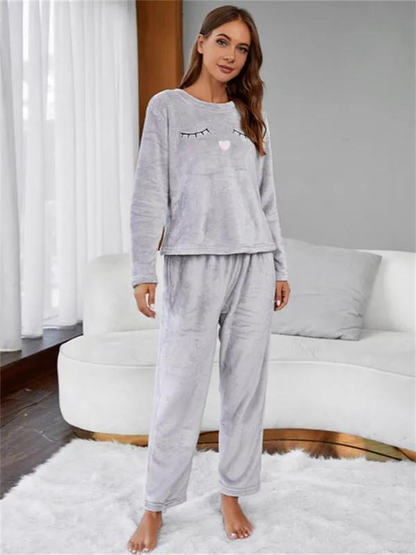 Cute Embroidery Flannel Pajama Set