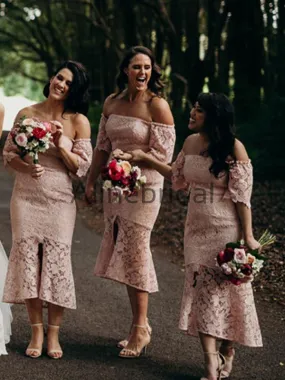 Dusty Pink Lace Off Shoulder Sheath Tea Length Bridesmaid Dresses , AB4123 Dusty Pink Lace Off Shoulder Sheath Tea Length Bridesmaid Dresses , AB4123