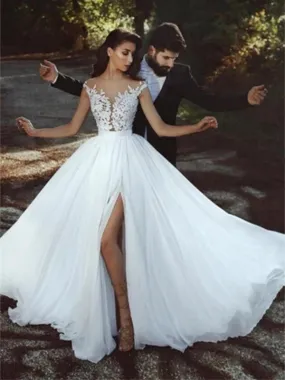 Elegant Applique A-line Side Slit Tulle Wedding Dress, WD0523 Elegant Applique A-line Side Slit Tulle Wedding Dress, WD0523