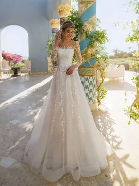 Elegant Long Sleeves A-line Applique Tulle White Wedding Dresses, WD0536 Elegant Long Sleeves A-line Applique Tulle White Wedding Dresses, WD0536