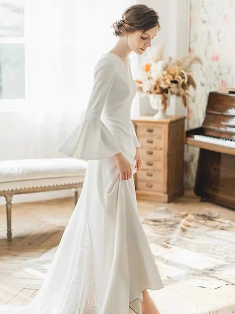 Elegant long Sleeves V-neck A-line Backless Lace White Wedding Dresses, WD0544