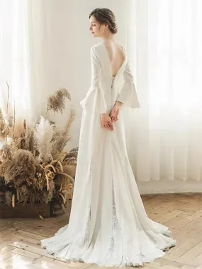 Elegant long Sleeves V-neck A-line Backless Lace White Wedding Dresses, WD0544 Elegant long Sleeves V-neck A-line Backless Lace White Wedding Dresses, WD0544