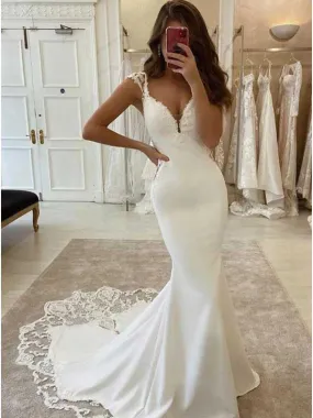 Elegant Mermaid Cap Sleeve V-Neck Satin With Lace Appliques Wedding Dress, WD0499 Elegant Mermaid Cap Sleeve V-Neck Satin With Lace Appliques Wedding Dress, WD0499