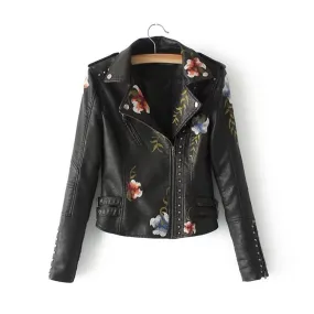 Embroidery faux leather PU Jacket Women  coat Outerwear Embroidery faux leather PU Jacket Women  coat Outerwear
