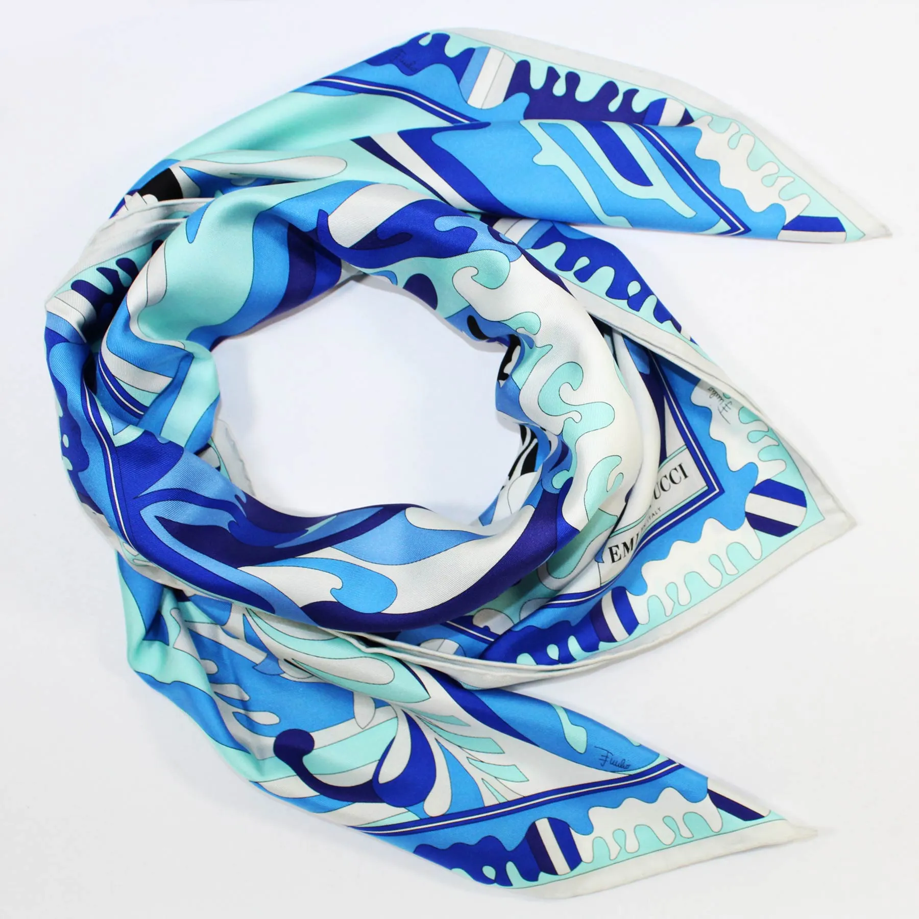 Emilio Pucci Scarf Royal Blue White Design - Large Twill Silk Square Scarf