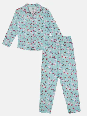Girls Cotton All Over Printed Front Open Shirt With Pajama Night Set Girls Cotton All Over Printed Front Open Shirt With Pajama Night Set