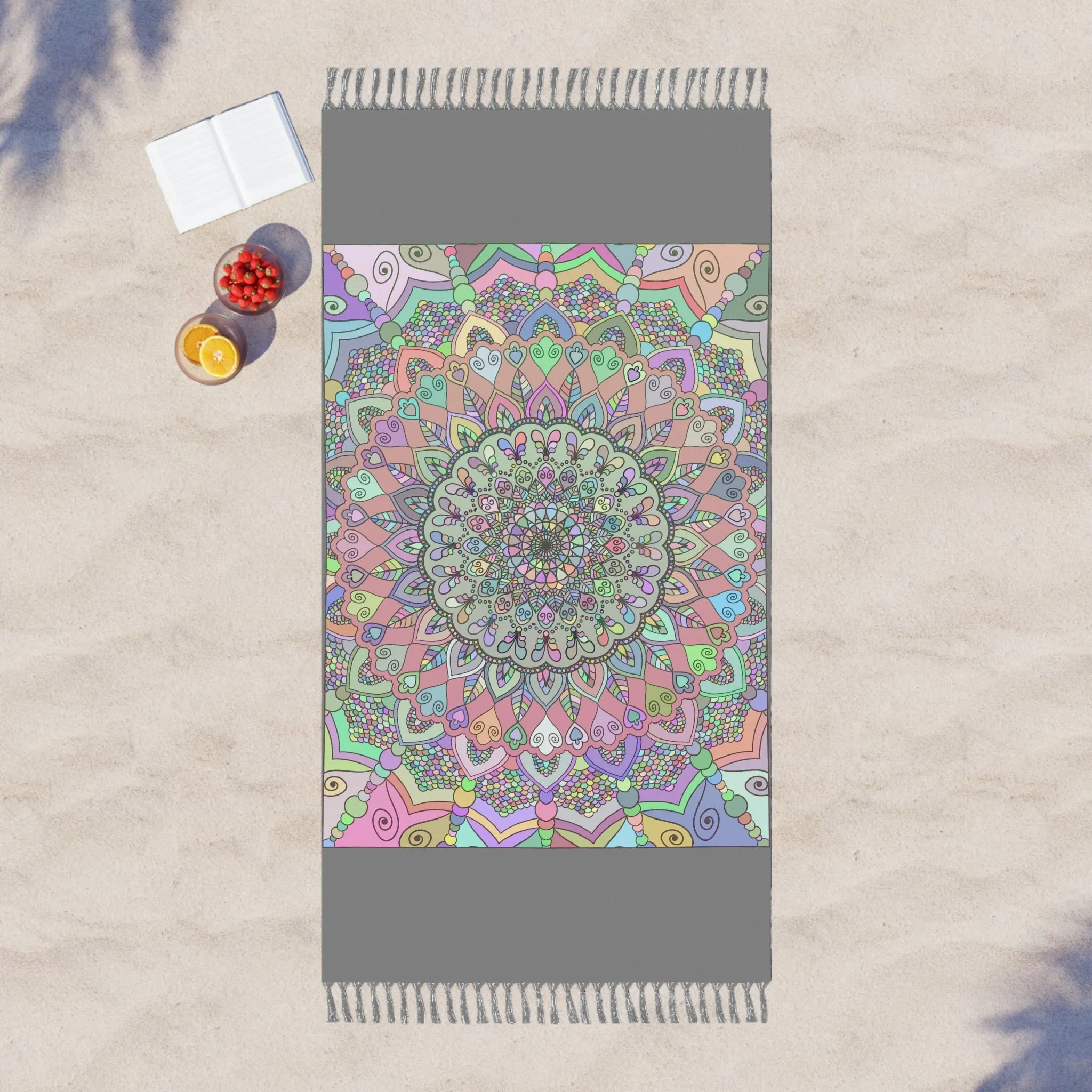 Handmade Mandala Beach Cloth - Original Fine Art Hand-Drawn - Light Gray, Pastel Colors
