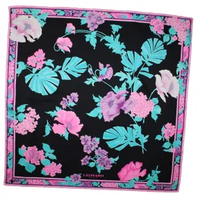 Leonard Paris Scarf Black Pink Aqua Floral - Square Twill Silk Scarf SALE Leonard Paris Scarf Black Pink Aqua Floral - Square Twill Silk Scarf SALE