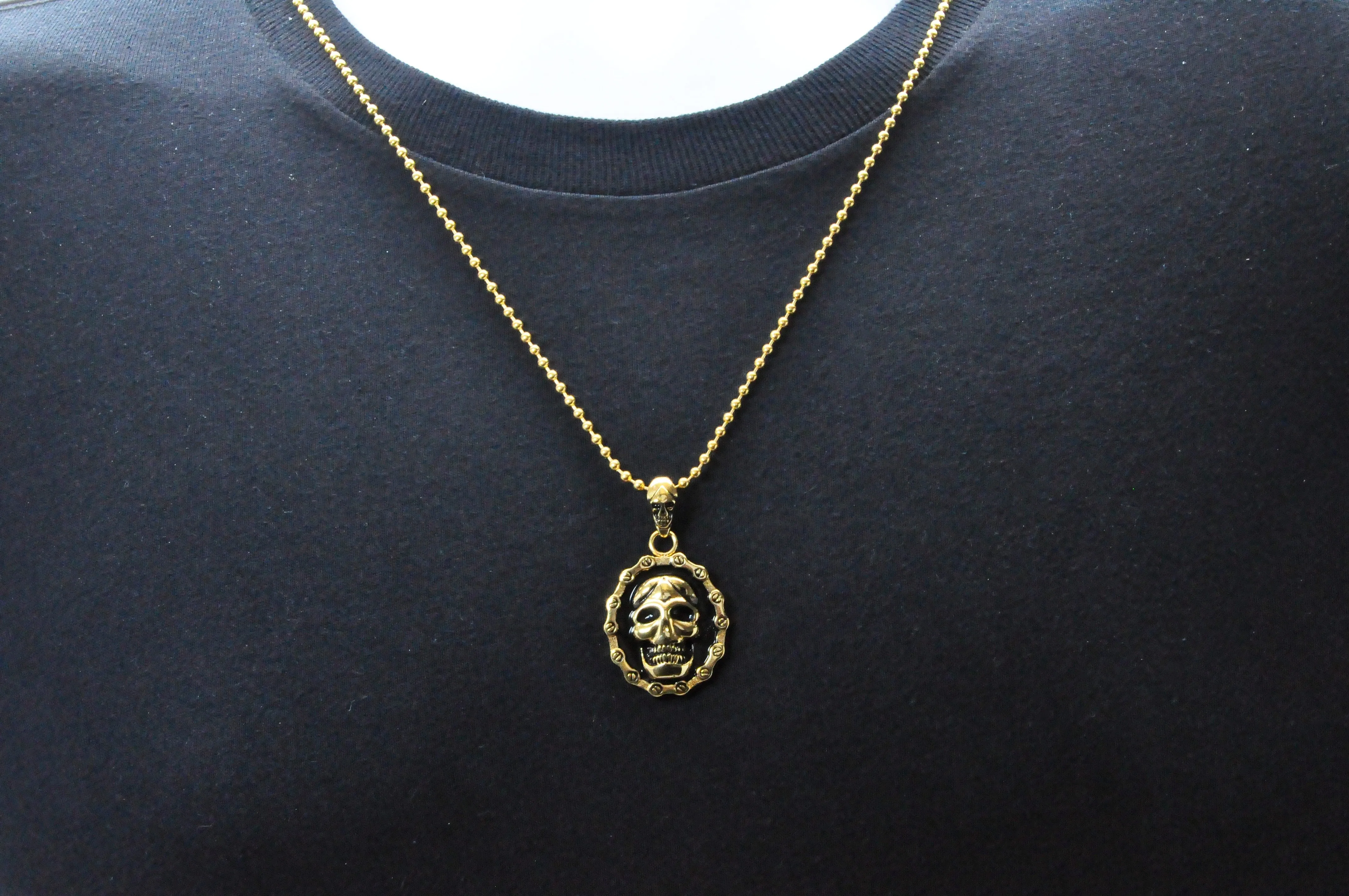 Mens Black And Gold Stainless Steel Biker Skull Pendant Necklace With 24" Bead Chain