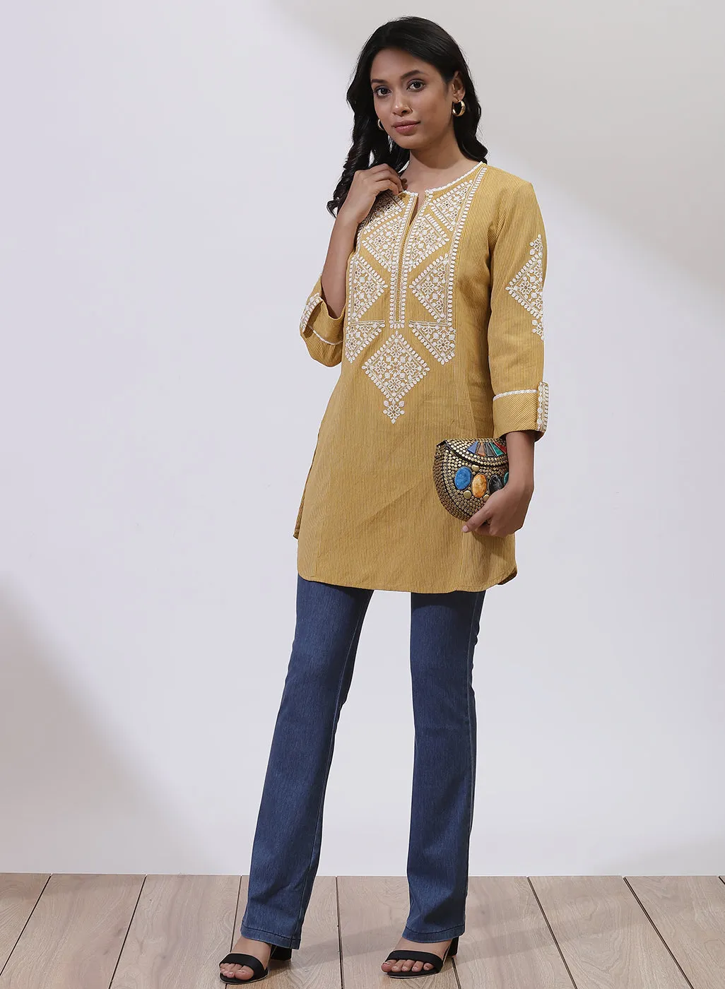 Mustard Yellow Embroidered Nargis Kurti
