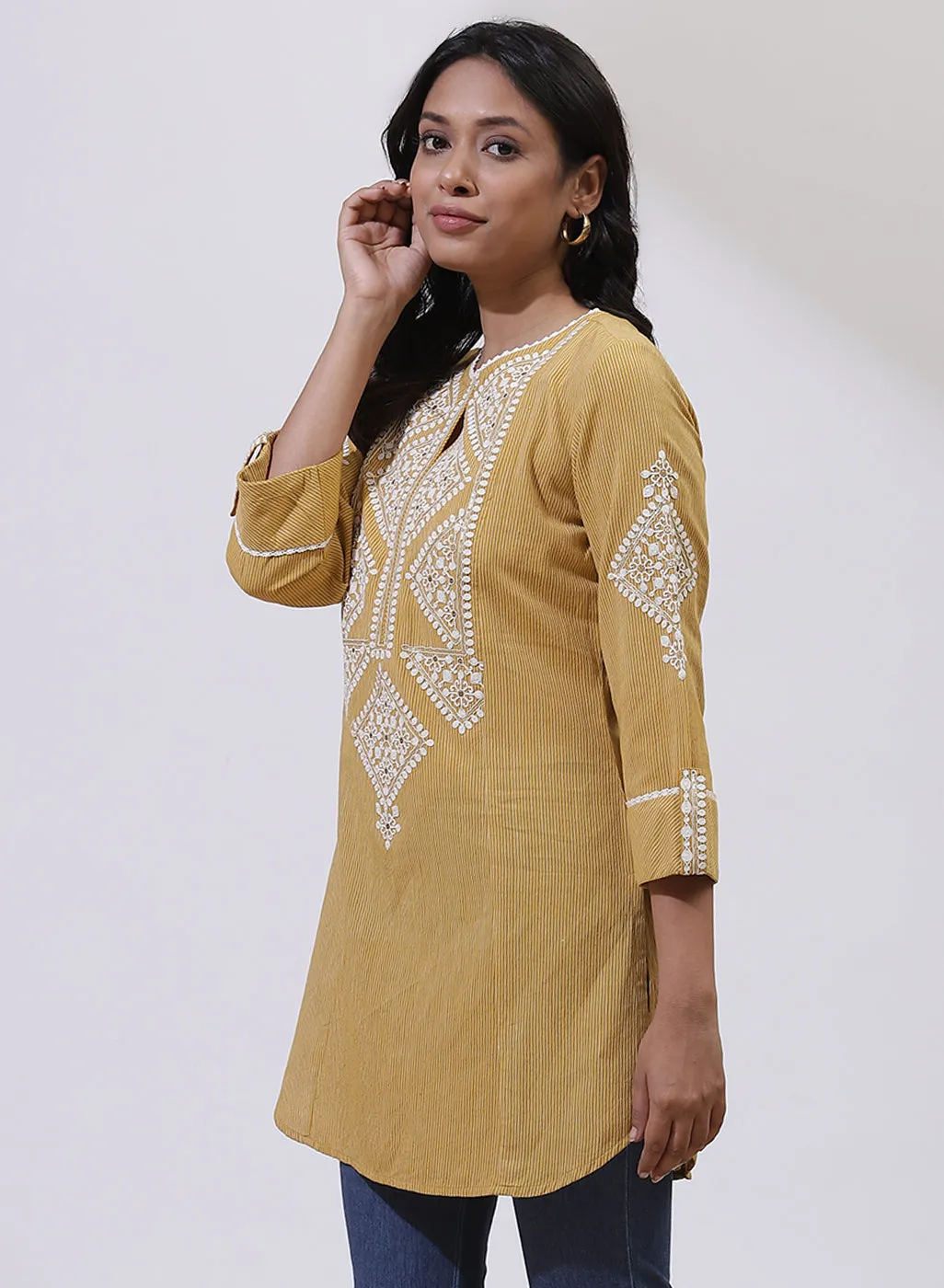 Mustard Yellow Embroidered Nargis Kurti