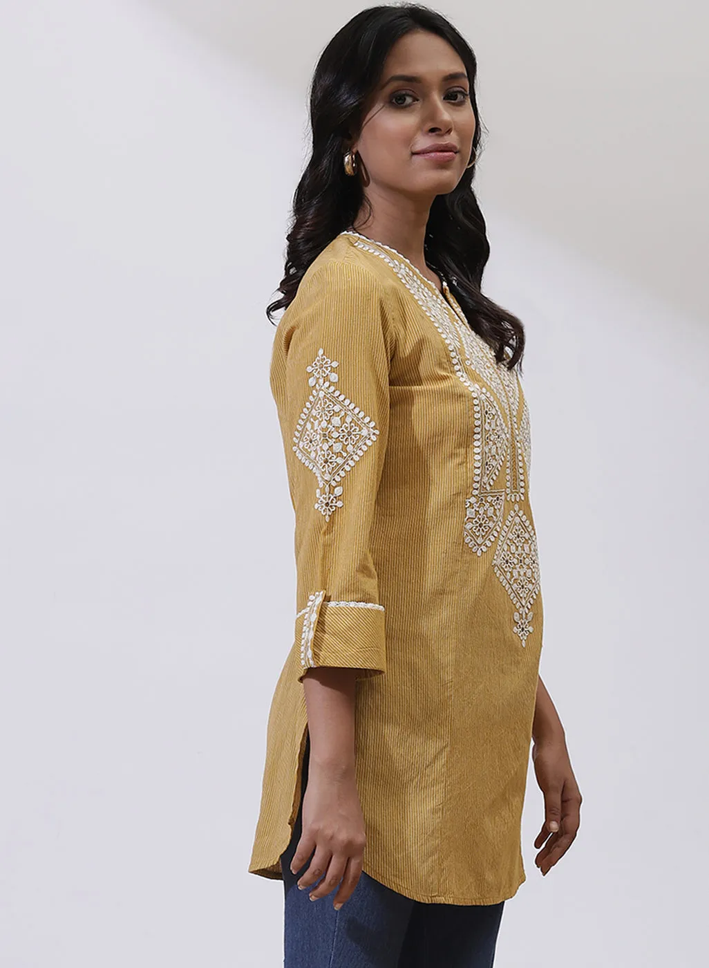 Mustard Yellow Embroidered Nargis Kurti