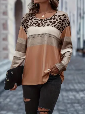 Plus Size Casual T-shirt Women's Plus Colorblock Leopard Print Long Sleeve Round Neck Slight Stretch T-shirt Plus Size Casual T-shirt Women's Plus Colorblock Leopard Print Long Sleeve Round Neck Slight Stretch T-shirt