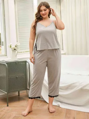 Plus Size Lace Trim Slit Cami and Pants Pajama Set Plus Size Lace Trim Slit Cami and Pants Pajama Set