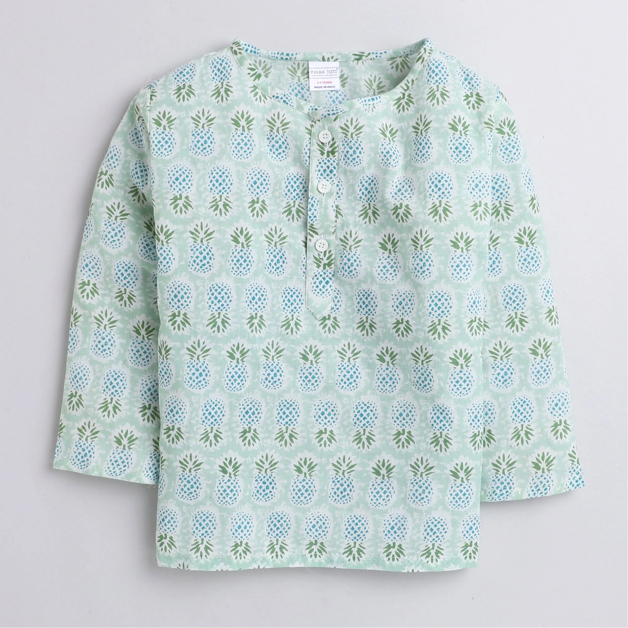 Polka Tots Full sleeves Pineapple print Kurta Pyjama - Green
