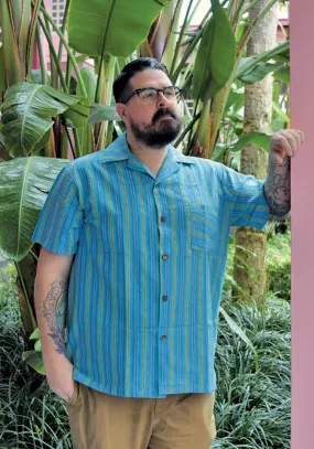 "Final Sale" Lurex Serape Stripe Paradise Button-Up Shirt in Cyan Blue "Final Sale" Lurex Serape Stripe Paradise Button-Up Shirt in Cyan Blue