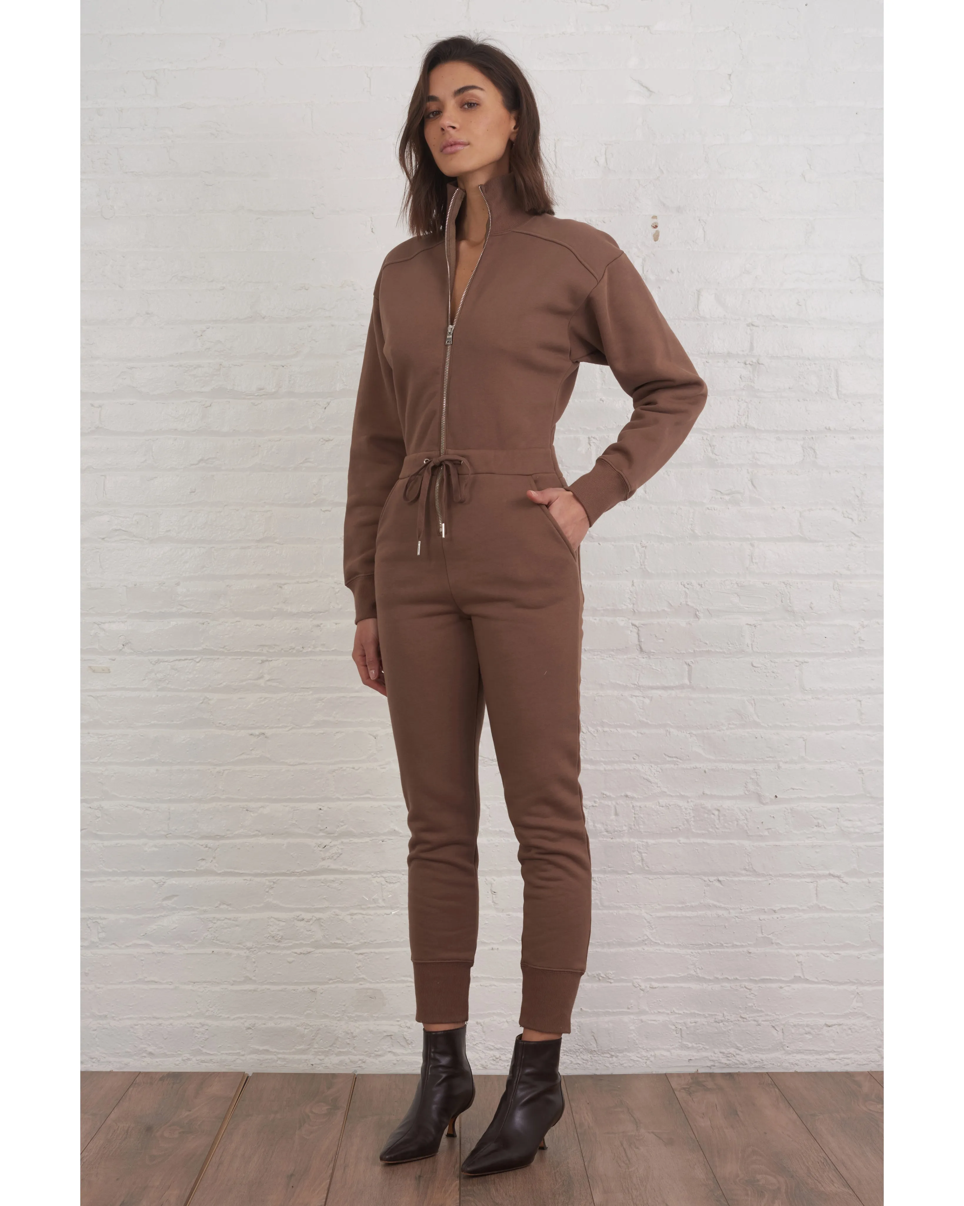 Red-Eye Zip Front French Terry Jumpsuit in Cognac