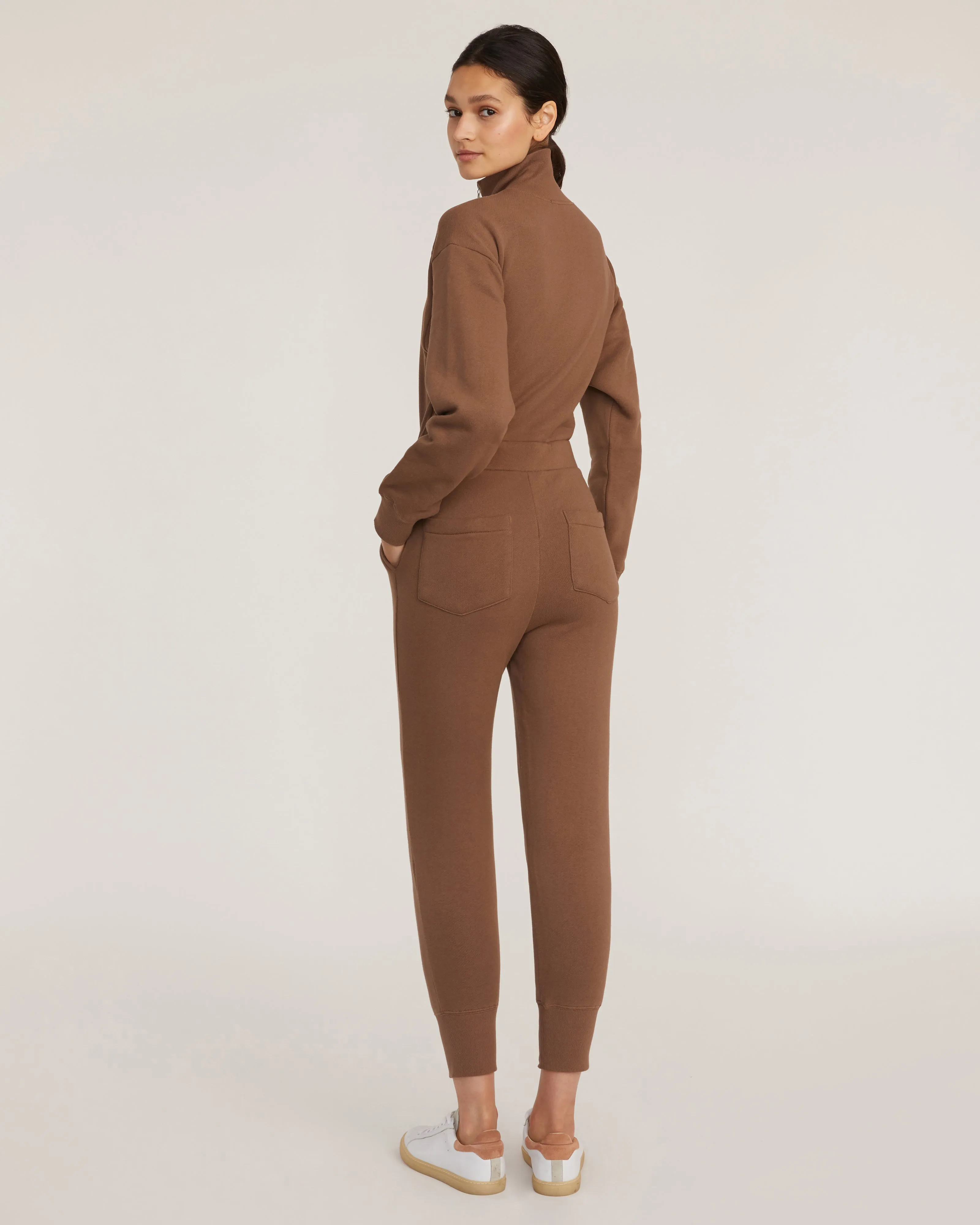 Red-Eye Zip Front French Terry Jumpsuit in Cognac